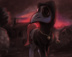 Size: 2500x2000 | Tagged: safe, artist:t72b, imported from derpibooru, nurse redheart, earth pony, pony, backlighting, dusk, hood, jewelry, limited palette, pendant, plague doctor, plague doctor mask, smoke, solo, town, tree