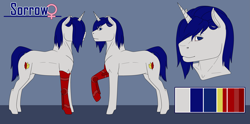 Size: 4941x2449 | Tagged: safe, artist:imreer, imported from derpibooru, oc, oc only, oc:sorrow, pony, unicorn, amputee, bust, commission, female, horn, mare, prosthetic leg, prosthetic limb, prosthetics, raised hoof, unicorn oc, ych result