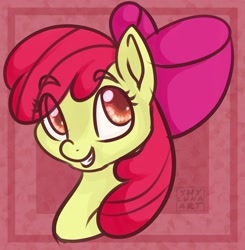 Size: 1280x1305 | Tagged: safe, artist:shylunaart, imported from derpibooru, apple bloom, earth pony, pony, adorabloom, bust, cute, eye clipping through hair, eyebrows, eyebrows visible through hair, female, filly, portrait, smiling, solo