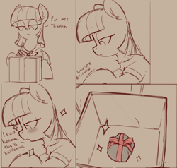 Size: 2066x1970 | Tagged: safe, artist:yoditax, imported from derpibooru, maud pie, earth pony, pony, blushing, box, comic, dialogue, female, gift wrap, lidded eyes, monochrome, present, ribbon, rock, sketch, solo, sparkles, that pony sure does love rocks
