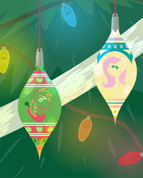 Size: 2088x2592 | Tagged: safe, anonymous artist, imported from derpibooru, big macintosh, fluttershy, earth pony, pegasus, pony, series:fm holidays, series:hearth's warming advent calendar, advent calendar, christmas, christmas lights, christmas ornament, christmas tree, close-up, decoration, female, fluttermac, holiday, lineless, looking at each other, male, pointy ponies, shipping, straight, tinsel, tree