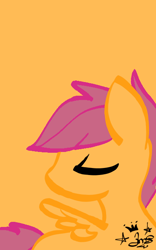 Size: 400x640 | Tagged: safe, artist:amgiwolf, imported from derpibooru, scootaloo, pegasus, pony, eyes closed, female, filly, looking back, signature, simple background, solo