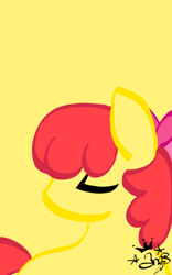 Size: 400x640 | Tagged: safe, artist:amgiwolf, imported from derpibooru, apple bloom, earth pony, pony, bow, eyes closed, female, filly, hair bow, looking back, signature, simple background, solo, yellow background