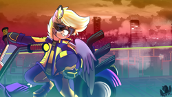 Size: 3840x2160 | Tagged: safe, artist:brainiac, derpibooru exclusive, imported from derpibooru, oc, oc only, oc:foxtrot, pegasus, pony, birthday gift, birthday gift art, cyberpunk, gift art, male, solo, stallion