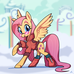 Size: 3150x3150 | Tagged: safe, artist:docwario, imported from derpibooru, fluttershy, pegasus, pony, clothes, cloud, cloudsdale, female, glasses, hoof shoes, jacket, looking at you, mare, open mouth, rainbow, raised hoof, shoes, smiling, socks, spread wings, wings