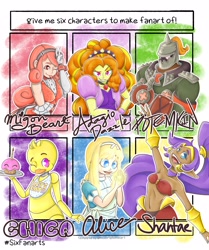 Size: 3000x3582 | Tagged: safe, artist:letletsdraw, imported from derpibooru, adagio dazzle, anthro, genie, six fanarts, alice in wonderland, animatronic, bra, bust, chica, clothes, crossover, dark skin, female, five nights at freddy's, guilty gear, helmet, king of fighters, one eye closed, peace sign, shantae, shantae (character), smiling, smirk, underwear, wink