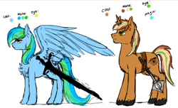 Size: 1270x772 | Tagged: safe, artist:eli fall, imported from derpibooru, oc, oc:chiller sway, oc:seafoam wake, pegasus, pony, unicorn, female, fullbody, mace, male, reference sheet, sketch, sword, weapon