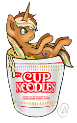 Size: 627x1000 | Tagged: safe, artist:candied death, imported from derpibooru, oc, oc only, oc:chiller sway, unicorn, cup of noodles, food, fullbody, male, noodles, ramen, simple background, transparent background