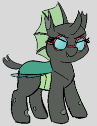 Size: 511x664 | Tagged: safe, artist:heretichesh, imported from ponybooru, oc, oc only, oc:yvette (evan555alpha), changeling, cute, dorsal fin, eyelashes, fangs, female, glasses, gray background, green changeling, simple background, smiling, smirk, solo