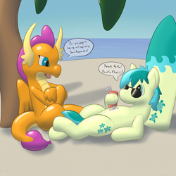 Size: 2000x2000 | Tagged: safe, artist:balloon-quilava, imported from derpibooru, sandbar, smolder, dragon, earth pony, inflatable pony, pooltoy pony, balloon, beach, commission, dialogue, fetish, high res, inflatable, inflatable fetish, pool toy, shiny, sunglasses, surfboard, word balloon