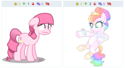 Size: 1185x644 | Tagged: safe, artist:muhammad yunus, imported from derpibooru, oc, oc:annisa trihapsari, earth pony, pony, derpibooru, 2019, bandage, duo, fear, female, floppy ears, juxtaposition, juxtaposition win, mare, meme, meta, multicolored hair, rainbow hair, smiling, stars, wide eyes