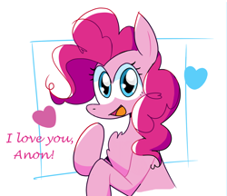 Size: 1388x1200 | Tagged: safe, artist:cassettepony, artist:cassettepunk, edit, imported from derpibooru, pinkie pie, earth pony, pony, dialogue, heart, looking at you, open smile, simple background, solo