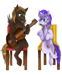 Size: 1126x1365 | Tagged: safe, artist:panininha, imported from derpibooru, oc, oc:glass sight, oc:mellow rhythm, pegasus, unicorn, beard, chair, chest fluff, cute, duo, facial hair, female, glasses, guitar, guitar pick, harmonica, looking at each other, magic, magic aura, male, mare, music, musical instrument, oc x oc, shipping, simple background, sitting up, smiling, stallion, transparent background, underhoof