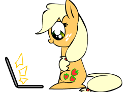 Size: 550x400 | Tagged: safe, artist:mushroomcookiebear, applejack, earth pony, pony, computer, laptop computer, looking down, profile, simple background, sitting, solo, white background