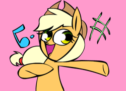 Size: 550x400 | Tagged: safe, artist:mushroomcookiebear, applejack, earth pony, pony, happy, music notes, pink background, simple background, singing, solo