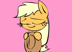 Size: 550x400 | Tagged: safe, artist:mushroomcookiebear, applejack, earth pony, pony, applejack's hat, cowboy hat, eyes closed, hat, looking down, pink background, simple background, smiling, solo