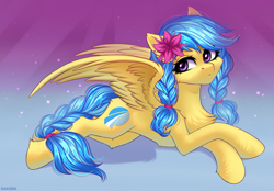 Size: 2475x1726 | Tagged: safe, artist:hakaina, imported from derpibooru, oc, oc only, oc:jeppesen, pegasus, pony, braid, braided tail, chest fluff, commission, concave belly, cute, ear fluff, feather, female, flower, flower in hair, fluffy, gradient background, looking at you, lying down, mare, multicolored hair, pegasus oc, simple background, slim, solo, spread wings, thin, twin braids, wings, ych result, yellow fur, your character here