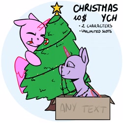 Size: 2160x2160 | Tagged: safe, artist:jellysiek, artist:jellysketch, imported from derpibooru, oc, alicorn, earth pony, pegasus, pony, unicorn, box, candy, christmas, christmas ball, christmas lights, christmas tree, commission, food, holiday, stars, tree, your character here