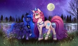 Size: 2600x1550 | Tagged: safe, artist:jaderabbit, imported from derpibooru, princess amore, princess luna, alicorn, pegasus, pony, unicorn, commission, couple, crossover, crossover shipping, female, forest, lake, lesbian, lunamore, moon, night, night sky, shipping, sky, stars, tree, ych result