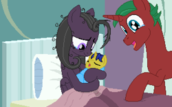 Size: 960x600 | Tagged: safe, artist:herooftime1000, imported from derpibooru, oc, oc:bittersweet nocturne, oc:pepper patch, oc:sour note, pegasus, pony, unicorn, octavia in the underworld's cello, bed, crying, frazzled hair, hospital, hospital bed, newborn, pixel art, tears of joy