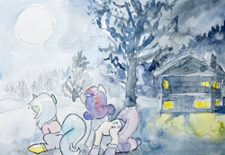 Size: 2000x1379 | Tagged: safe, artist:mandumustbasukanemen, imported from derpibooru, bon bon, lyra heartstrings, sweetie drops, earth pony, pony, unicorn, boots, clothes, duo, female, house, mare, moon, night, scarf, shoes, snow, traditional art, tree, watercolor painting, winter