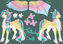 Size: 1178x814 | Tagged: safe, artist:malinraf1615, imported from derpibooru, fluttershy, bat pony, pony, alternate hairstyle, bat ponified, chest fluff, ear fluff, female, flower, flower in hair, flutterbat, green background, grin, hybrid wings, leg fluff, mare, markings, race swap, redesign, reference sheet, simple background, smiling, solo, unshorn fetlocks, wings