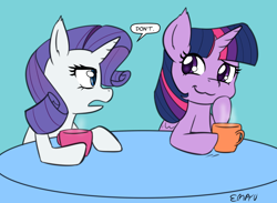 Size: 1000x733 | Tagged: safe, artist:empyu, imported from derpibooru, rarity, twilight sparkle, alicorn, unicorn, 30 minute art challenge, chocolate, duo, food, hot chocolate, speech bubble, twilight sparkle (alicorn)