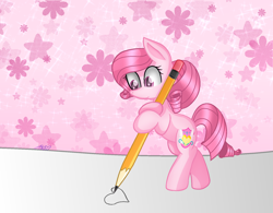 Size: 1694x1323 | Tagged: safe, artist:muhammad yunus, artist:tanahgrogot, imported from derpibooru, oc, oc only, oc:annisa trihapsari, earth pony, pony, female, flower, heart, mare, medibang paint, pencil, pink background, simple background, smiling, solo