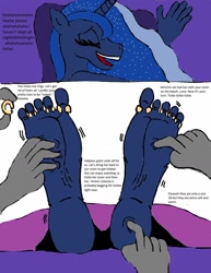 Size: 1024x1325 | Tagged: safe, artist:alexianbc, imported from derpibooru, princess luna, alicorn, anthro, plantigrade anthro, barefoot, disembodied hand, eyes closed, feet, fetish, foot fetish, foot focus, hand, laughing, offscreen character, soles, tickle fetish, tickle torture, tickling, toe ring, toe rings, toes