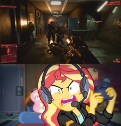 Size: 876x908 | Tagged: safe, artist:brandonale, edit, edited screencap, imported from derpibooru, screencap, fluttershy, sunset shimmer, human, equestria girls, equestria girls series, game stream, spoiler:eqg series (season 2), angry, comparison, cyberpunk 2077, gamer sunset, meme, rage, tell me what you need