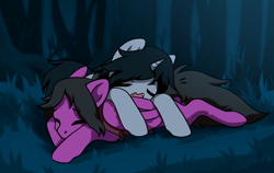 Size: 1374x866 | Tagged: safe, artist:lara_kill_craft, imported from derpibooru, pegasus, pony, unicorn, clothes, commission, disguise, disguised siren, duo, duo male, eyes closed, fangs, folded wings, forest, grass, horn, kellin quinn, lying down, male, on ground, open mouth, outdoors, pierce the veil, ponified, prone, shirt, sleeping, sleeping with sirens, stallion, t-shirt, vic fuentes, wings, ych result