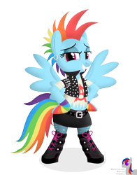 Size: 1800x2300 | Tagged: safe, artist:intelmax89, imported from derpibooru, rainbow dash, pony, belt, bipedal, boots, clothes, ear piercing, earring, eyeshadow, hoof boots, jacket, jewelry, leather jacket, makeup, midriff, mohawk, piercing, rainbow punk, ripped stockings, shirt, shoes, simple background, skirt, socks, solo, stockings, t-shirt, thigh highs, torn clothes, transparent background