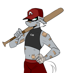 Size: 653x694 | Tagged: safe, artist:redxbacon, imported from derpibooru, oc, oc only, oc:single strike, anthro, bandage, baseball bat, belly button, breasts, clothes, delicious flat chest, female, floppy ears, midriff, reverse trap, solo, sports bra, tomboy