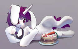 Size: 1191x748 | Tagged: safe, artist:locksto, artist:xbi, imported from derpibooru, oc, oc only, oc:lapush buns, pony, unicorn, bowtie, bunny ears, bunnycorn, cake, food, gradient background, looking at you, male, solo, stallion