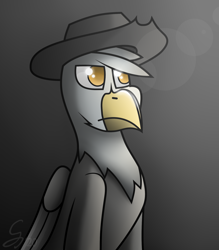 Size: 1750x2000 | Tagged: safe, artist:somber, imported from derpibooru, oc, oc only, oc:gunny, griffon, bust, hat, male, portrait, solo