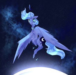 Size: 1033x1025 | Tagged: safe, artist:iouise, imported from derpibooru, princess luna, alicorn, pony, female, floating, mare, moon, s1 luna, solo, space, spread wings, stars, wings