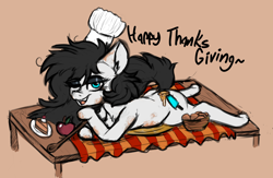 Size: 2086x1362 | Tagged: safe, artist:claudearts, imported from derpibooru, oc, oc only, oc:frostie, earth pony, pony, apple, bun, butter, food, hat, holiday, sauce, spoon, table, thanksgiving