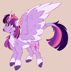 Size: 857x870 | Tagged: safe, artist:sonaartist, imported from derpibooru, twilight sparkle, alicorn, pony, alternate universe, cloven hooves, female, leonine tail, looking at you, mare, simple background, smiling, solo, spread wings, twilight sparkle (alicorn), unshorn fetlocks, wings