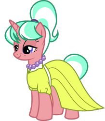 Size: 1329x1523 | Tagged: safe, anonymous artist, derpibooru exclusive, imported from derpibooru, stepford ponies, pony, unicorn, .svg available, bedroom eyes, clothes, dress, eyelashes, female, jewelry, makeup, mare, necklace, pearl necklace, simple background, smiling, solo, svg, transparent background, vector