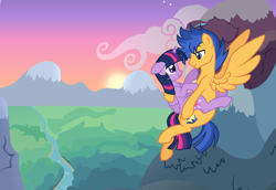 Size: 2000x1378 | Tagged: safe, artist:stellamoonshine, artist:stellamoonshineyt, imported from derpibooru, flash sentry, twilight sparkle, alicorn, pony, female, flashlight, flying, male, shipping, straight, sunset, twilight sparkle (alicorn)