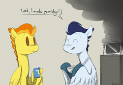 Size: 1150x800 | Tagged: safe, artist:sinrar, imported from derpibooru, soarin', spitfire, pegasus, pony, breakfast, burning, coffee mug, dialogue, duo, eyes closed, male, microwave, mug, no pupils, simple background, smiling, smoke, stallion, wing hands, wings, wonderbolts