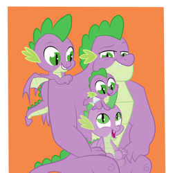 Size: 2000x2000 | Tagged: safe, artist:squipycheetah, imported from derpibooru, part of a set, spike, dragon, the last problem, abstract background, baby, baby dragon, baby spike, diaper, gigachad spike, happy, missing accessory, multeity, older, older spike, orange background, pit of spikes, self dragondox, self paradox, self ponidox, simple background, sitting, smiling, time paradox, winged spike, wings, younger