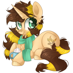 Size: 2048x2048 | Tagged: safe, artist:cinnamontee, imported from derpibooru, oc, oc only, oc:golden sage, pony, unicorn, clothes, female, lying down, mare, prone, scarf, simple background, solo, transparent background