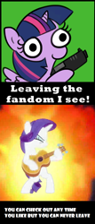 Size: 716x1676 | Tagged: safe, artist:tjpones, artist:tjpones edits, edit, edited screencap, imported from derpibooru, screencap, rarity, twilight sparkle, alicorn, pony, sparkles! the wonder horse!, honest apple, female, green background, guitar, guitarity, gun, handgun, hoof hold, hotel california, leaving the fandom, mare, musical instrument, pistol, simple background, smiling, solo, song reference, spread wings, text, the eagles, the ride never ends, twilight sparkle (alicorn), weapon, wings