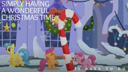 Size: 1920x1080 | Tagged: safe, edit, edited screencap, editor:quoterific, imported from derpibooru, screencap, lemon hearts, ruby pinch, scootaloo, pegasus, pony, unicorn, hearth's warming eve (episode), 11, candy, candy cane, cute, food, lemonbetes, paul mccartney, tongue out, tongue stuck to pole