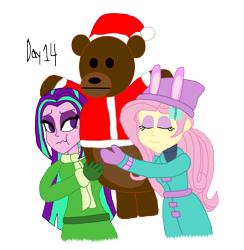 Size: 1280x1312 | Tagged: safe, artist:horroraceman93, imported from derpibooru, aria blaze, fluttershy, equestria girls, ariashy, clothes, female, lesbian, shipping, simple background, teddy bear, transparent background, winter outfit