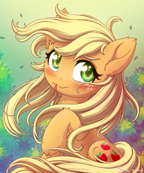 Size: 2000x2400 | Tagged: safe, artist:symbianl, imported from derpibooru, applejack, earth pony, pony, :3, blushing, cute, ear fluff, female, fluffy, hatless, hoof fluff, jackabetes, loose hair, mare, missing accessory, solo, symbianl is trying to murder us
