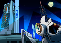 Size: 4784x3349 | Tagged: safe, artist:dacaoo, imported from derpibooru, pony, atlas v, commission, full moon, looking at something, moon, night, night sky, rocket, science fiction, sky, spacesuit, stars