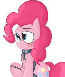 Size: 1280x1499 | Tagged: safe, artist:mr-degration, imported from derpibooru, pinkie pie, earth pony, pony, bdsm, blushing, collar, female, harness, leash, pet play, simple background, solo, tack, transparent background