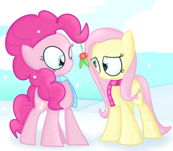 Size: 1280x1123 | Tagged: safe, artist:mr-degration, imported from derpibooru, fluttershy, pinkie pie, earth pony, pegasus, pony, clothes, duo, female, flutterpie, holly, holly mistaken for mistletoe, lesbian, scarf, shipping, snow